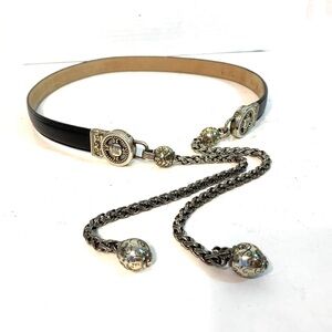 BRIGHTON Black Leather & Silver Chain Tie Asian Prosperity Belt